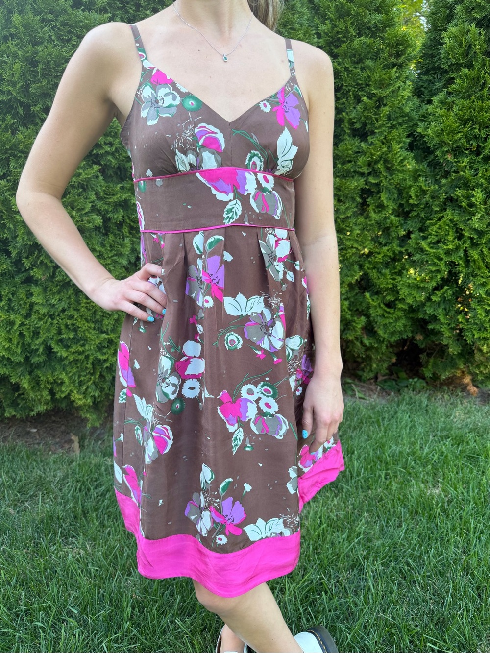 Guess Vintage Brown Floral Mini Dress with Bright Pink Trim